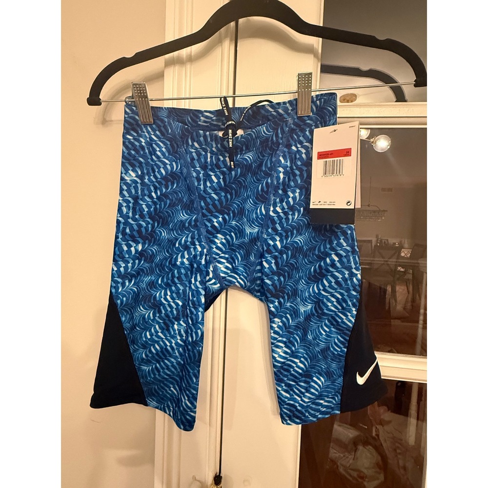Nike Swim Boys Jammer Shorts Blue Navy Geometric Training Trunks Size 28